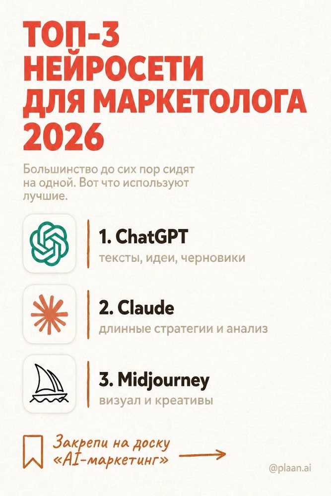 «Топ-3 нейросети для маркетолога 2026» — 1 из набора, пин Pinterest «Топ-3 нейросети для маркетолога 2026»